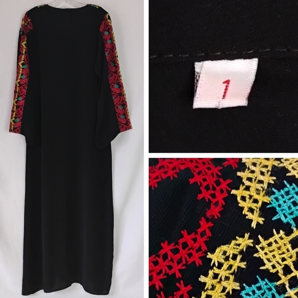 Women's Size Medium Multicolor Embroidered V-Neck Thobe Maxi Dress Bell Sleeves - Picture 2 of 13